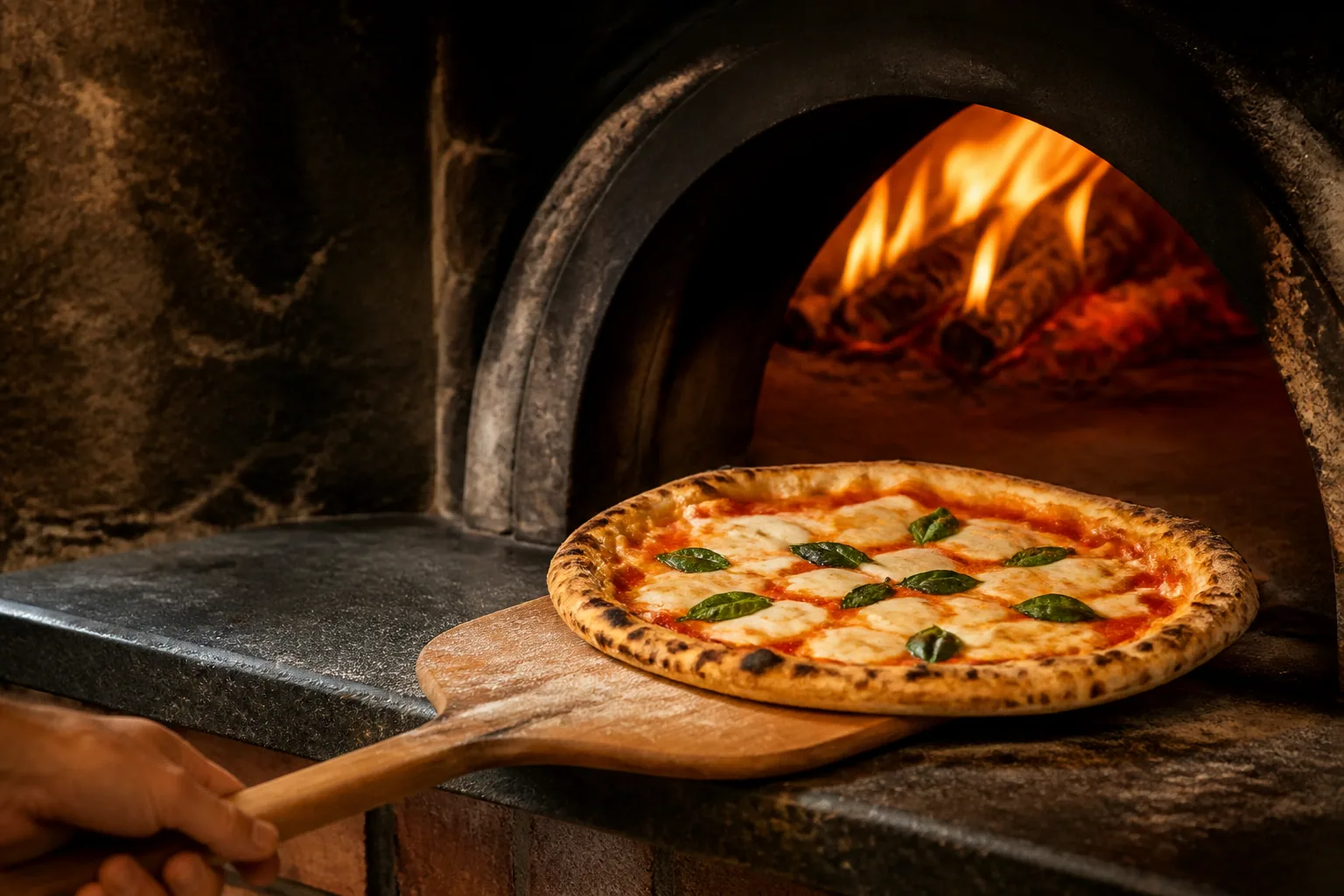 Pizza wird aus einem Holzofen gezogen