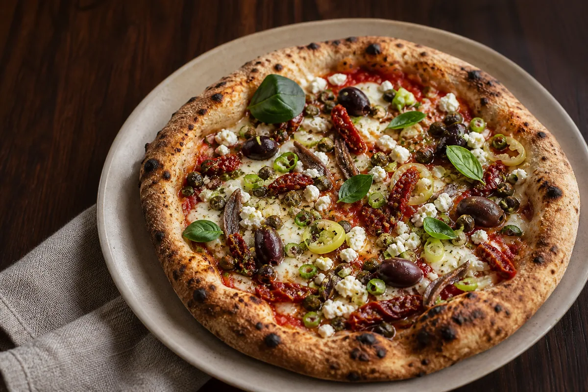 Pizza Allora mit Oliven, Kapern und Kräutern
