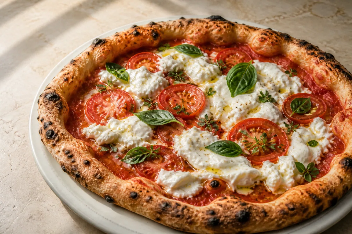 Pizza Bufalina mit Tomaten, Büffelmozzarella und Basilikum