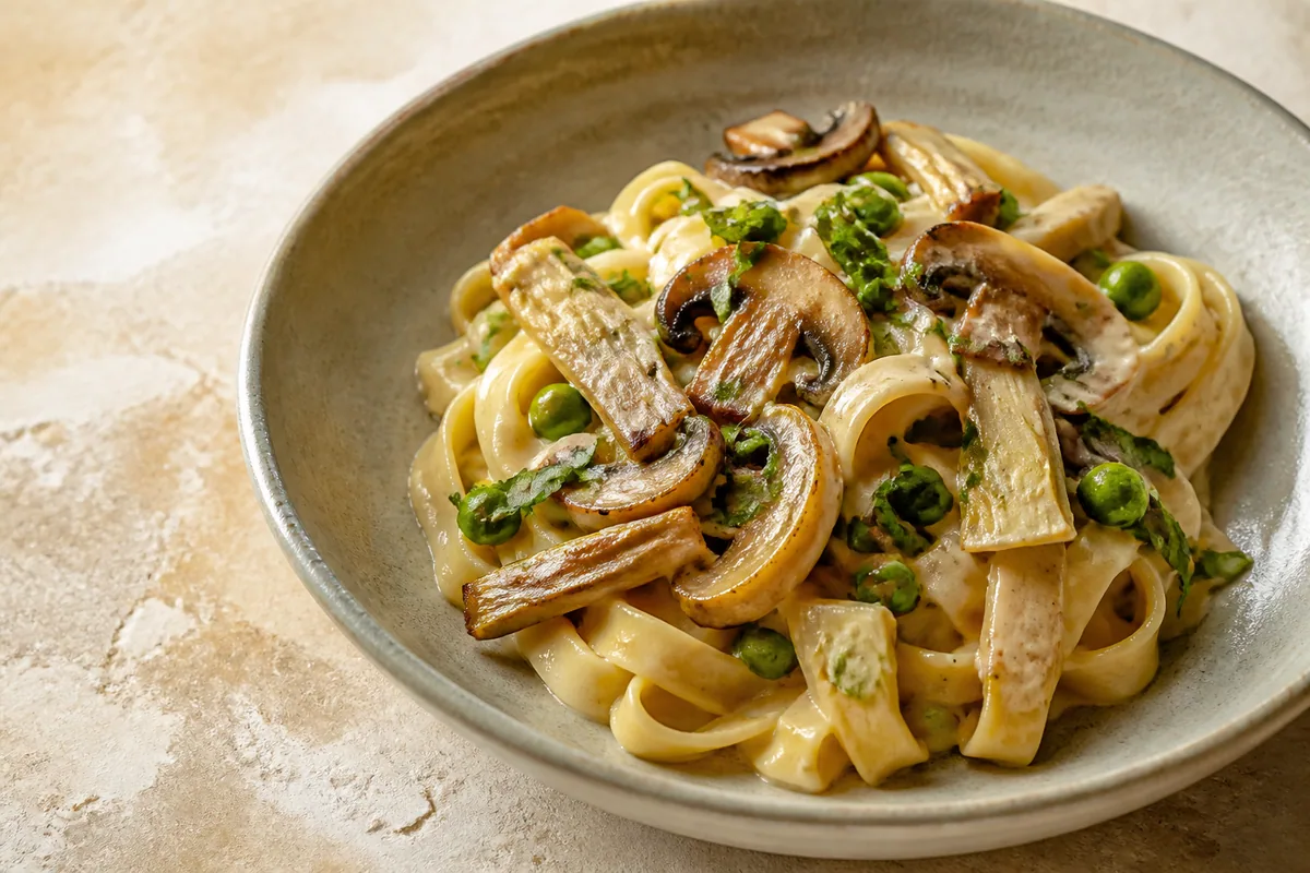 Tagliatelle mit Pilzen, Artischocken und Erbsen